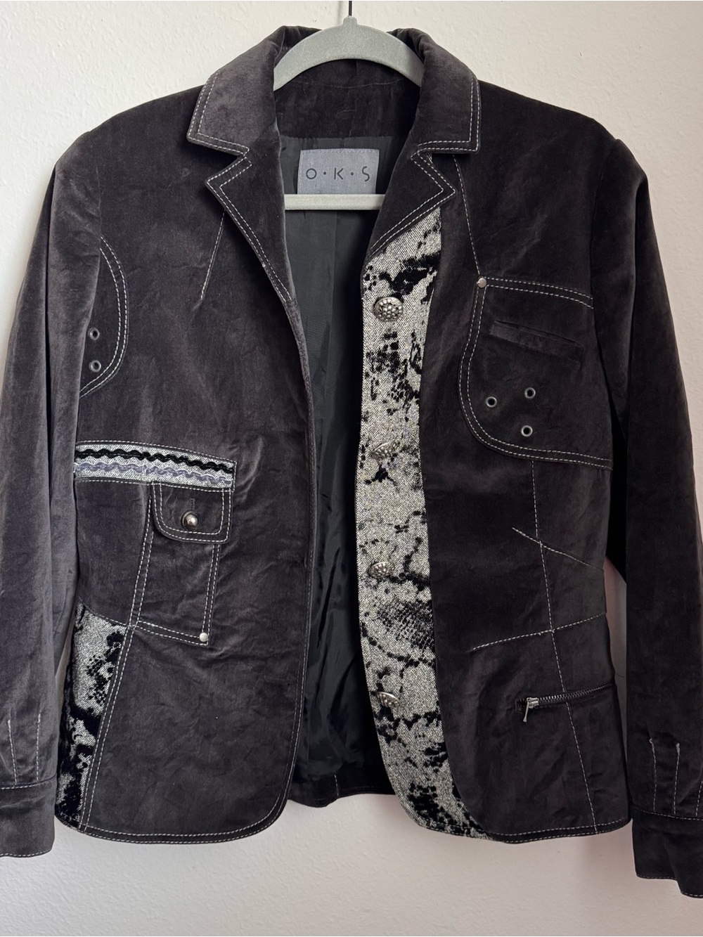 O.K.S Velveteen Jacket Patchwork Contrast Stitch Goth Grunge Size 42